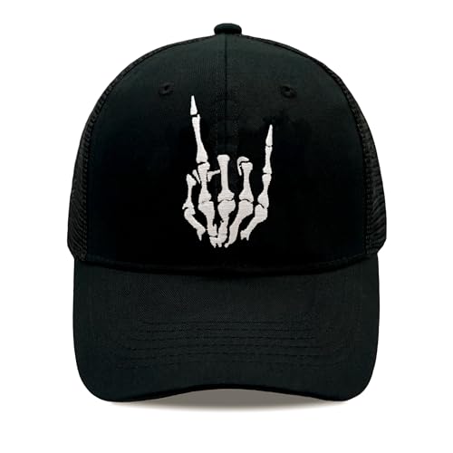 Halloween Skeleton Hand Horned Black Hat Skull Baseball Cap Embroidered Finger Bone Adjustable Mesh Hat for Men Women