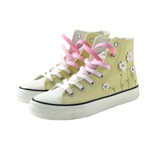 Ocean Foam Floral High Top Canvas Shoes for Women – Embroidered Korean Style Ethnic Graffiti Sneakers – Cute Aesthetic Spring Casual Shoes (8,Green Daisy)