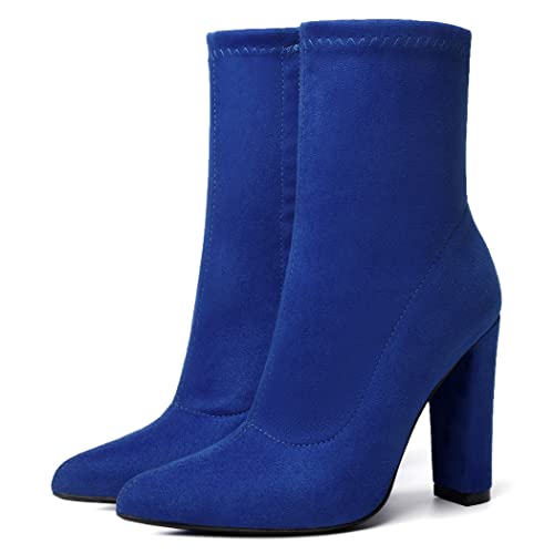 risdoada Women's Sock Boots Chunky Heel Ankle Boots Pointed Toe Elastic Suede Fall Winter High Heeled Mid Calf Booties Blue 11.5