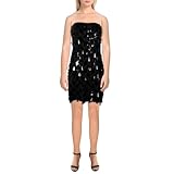 BCBGMAXAZRIA Women's Strapless Straight Neck Feathered Paillettes Mini Dress, Black