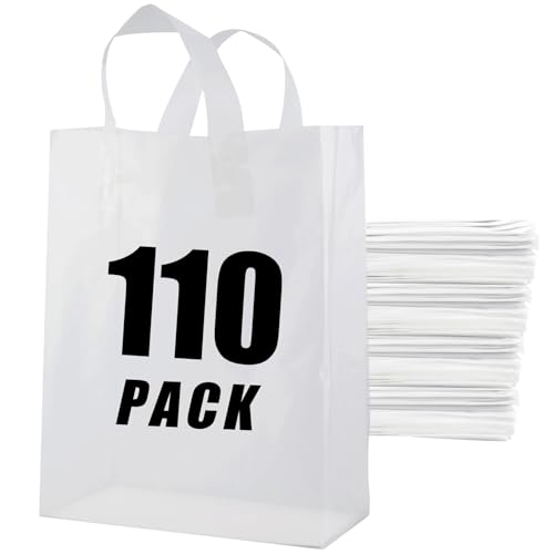 Hokimder Plastic Bags with Handles - 110 Pack Clear Frosted Gift Bags with Cardboard Bottom, 25LB Thickened Boutique Bags Bulk for Small Business, Shopping, Retail Stores, Gifts (10x5x13 Inch)