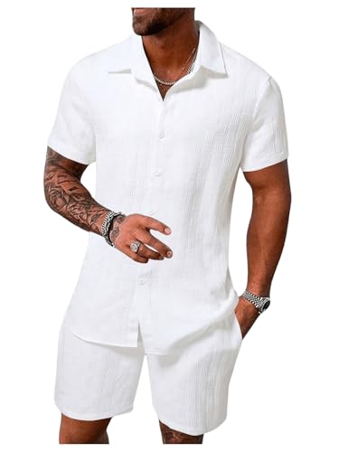 RoseSeek Men's Short Sets 2 Piece Outfits Button Down Linen Shirts and Short Sets Summer Beach Outfis White M