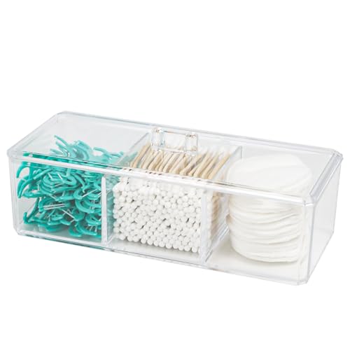 ZEXALOR Clear Bathroom Dresser Organizer - Cotton Ball Swab Holder with 3 Divided Compartments&Lid, , Waterproof Transparent Small Plastic Storage Containers, Vanity Makeup Organization