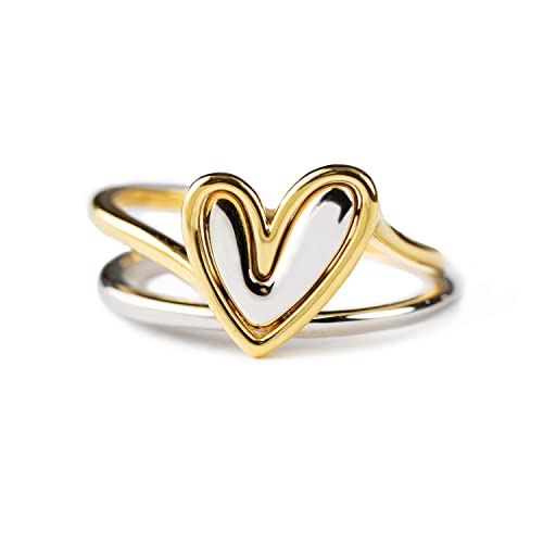STORYJEWELLERY Heart Rings for Women, Mixed Metal Ring, Sterling Silver Statement Rings for Women, Two Tone Love Ring, Self Love Gifts, Size 11