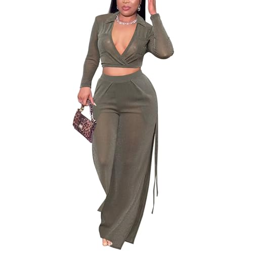 Kafiloe Sexy 2 Piece Outfits for Women Clubwear Night Party Club Mesh See Through Slit Wide Leg Pants Set Birthday Army Green M