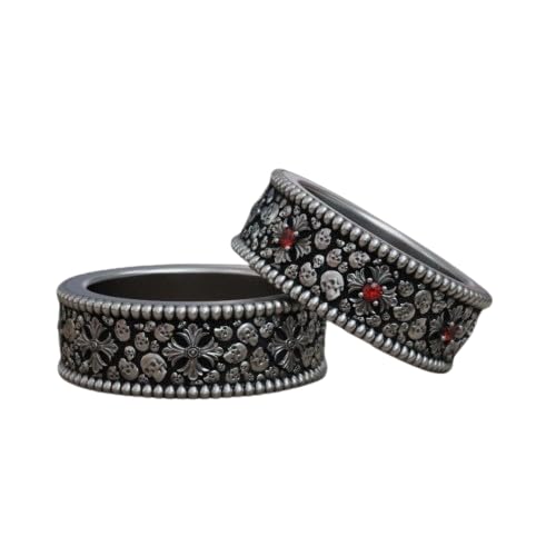 Gothic Skulls Wedding Matching Band Couple Rings Set His and Her Promise Rings Wedding Vintage Style Art Deco Skull Band Set Engagement Ring 925 Sterling Silver Handcrafted Gift For Lovers