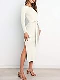 ANRABESS Womens Long Sleeve Sweater Dress Crew Neck Slim Fit Slit Tie Waist 2025 Ribbed Knit Bodycon Midi Dress Fall Outfits 623mibai-S White