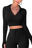 QINSEN Workout Tops for Women Two Piece Outfits Zipper Front Shirt Butt Lifting Yoga Pants Seamless Leggings Sets