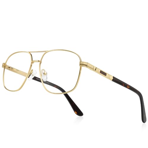RB. Pilot Reading Glasses for Men Square Double Bridge Light Blocking Computer Readers Spring Hinge Metal Frame Acetate Legs