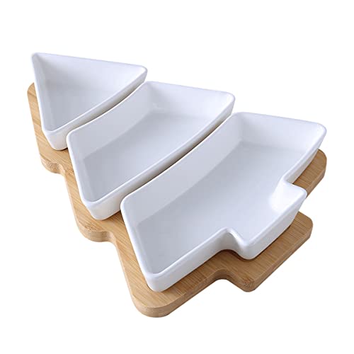 Big White Tree Plates Chip & Dip Set, 12 Inches Ceramic Snack Plate with Bamboo Tray, Removable Porcelain Christmas Tree Appetizer Dessert Fruit Salad Saucers Bowls, Cutlery Platter Serving Dish