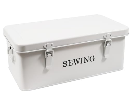 Gzsekken Metal Sewing Basket, Sewing Kit Storage and Organizer with Compartments and Hinged Lid,Vintage Sewing Box Sewing Supplies Organizer Needles, Pincushions, Art Supplies,Organizer White
