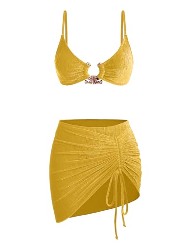 Yellow Swim Suits for Women 2025 Ribbed Velvet Bikini Sets with Sarong Coverup Metal Ring Bathing Suit