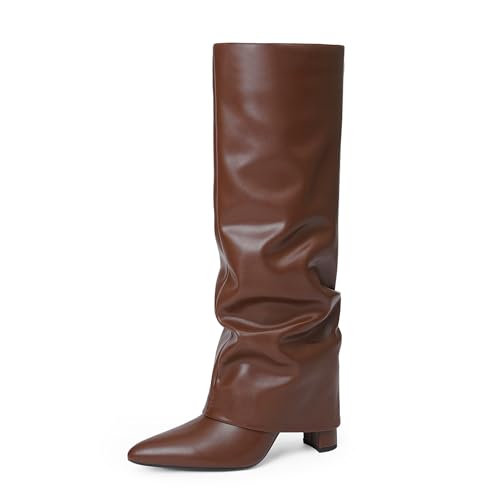 Modatope Brown Slouchy Boots for Women Knee High Boots Zipper Fold Over Boots Pointed Toe Chunky Heeled Tall Boots Size 8