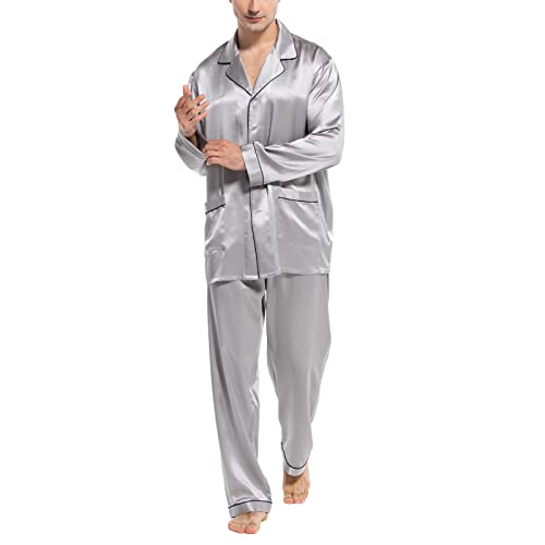 COLD POSH 100% 19MM Mulberry Silk Pajamas for Men Soft Lightweight Mens Silk Pajama Set for Valentines Pjs Gray