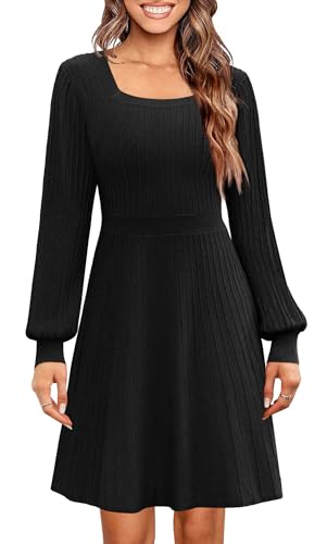 Miladusa Dresses for Women Long Sleeve Square Neck Casual Knee Length A Line Sweater Dress Ladies Fashion Clothes Black M