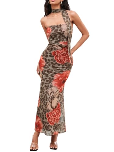 Milumia Women's Leopard Print Strapless Bodycon Maxi Dress Mesh Long Tube Top Dress Red Brown Medium