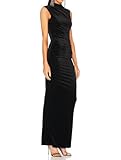 Capuffy Women Backless Velvet Maxi Dress Back Slit Ruched Bodycon Formal Dress High Neck Cocktail Party Dress 091(Small,Black)