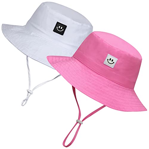 Baby Girl Sun Hat Summer Beach Bucket Hats for Toddler 6-12,12-24 Months 2pack Smile Face White/Pink