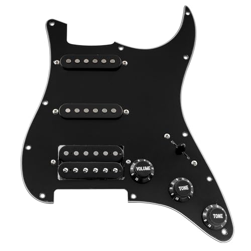 Musiclily Basic 11 Hole HSS Loaded Guitar Strat Pickguard Prewired Pickguard with Alnico 5 Pickup Humbucker for Fender American/Mexican Stratocaster Standard Modern Style Electric Guitar, 3Ply Black