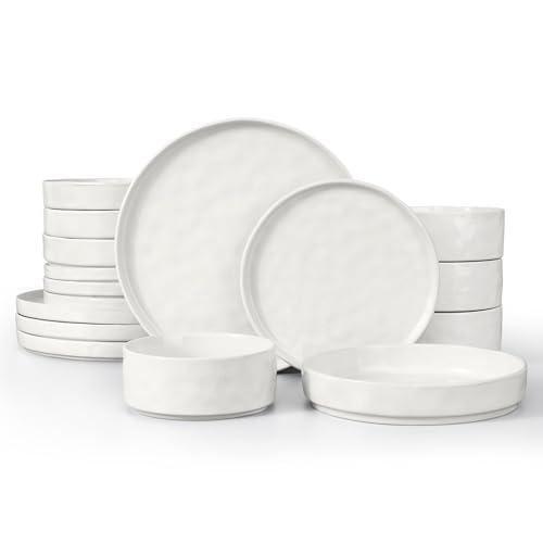 LIANYU Dinnerware Sets with Pasta Bowls for 4, 16 Piece Ceramic Dinner Plates and Bowls Dish Set, Kitchen Speckled Dining Tableware Dishware, Microwave & Dishwasher Safe, Polar White