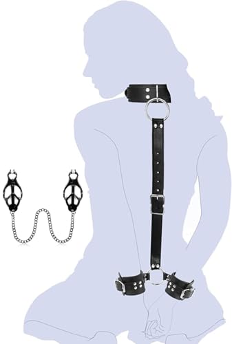 Neck to Wrist SexTie Restraints for Handcuff Spreader Bar,PU Leather Sex Toys Bondage Collar and Handcuffs Set,Adjustable Nipple Clips with Chains Leather Collar Choker Sex Play Sweater 10I