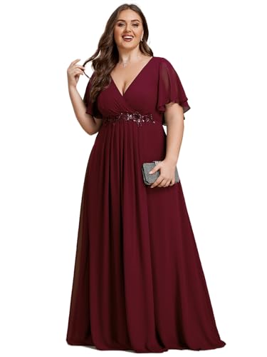 Ever-Pretty Chiffon V Neck Short Sleeves Appliques Plus Size Formal Dresses for Curvy Women Evening Gowns Burgundy US22