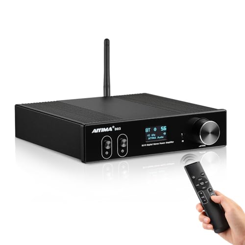 AIYIMA D03 Bluetooth 5.0 DAC Amplifier 150 Watt x 2 Stereo HiFi 2.1 CH Digital Sound Amplificador 24Bit/192kHz Class D Power Amp USB Coaxial Optical OLED AptX, Support Subwoofer & with Remote