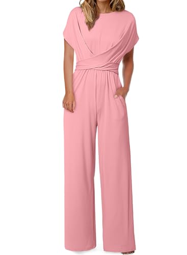 Happy Sailed Jumpsuits for Women Dressy Loose Casual Short Sleeve Belted Wide Leg Pant Romper One Piece Jumpsuit for Cocktail Party with Pockets Pink Large