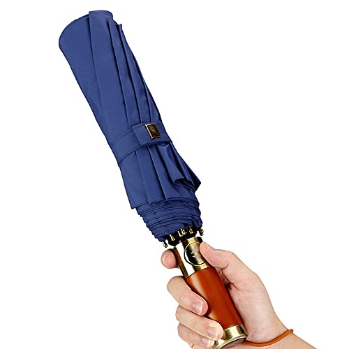 Leodauknow Premium Mens Travel Umbrella Windproof - 45.3" Large Business Automatic Anti-UV Rain Umbrella Folding - Wooden Handle Premium Mens Umbrella Auto for Business Gift (Blue)