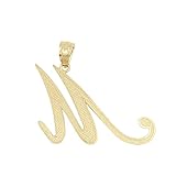 Ice on Fire Jewelry 10k Solid Real Gold Cursive Initial Pendant, English Alpahbet A-Z Letter Charm with Diamond Cut (M)