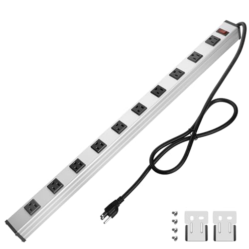 10 Outlet Plugs Heavy Duty Metal Power Strip, Aluminum Workshop Socket with 4FT Long Cord and Power Switch. 15A, 125V, 1875W