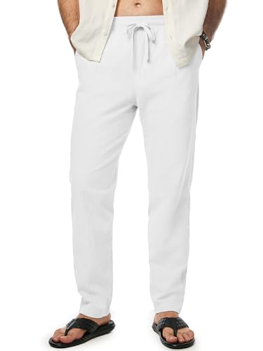 JMIERR Mens Casual Cotton Pants Linen Elastic Waist Drawstring Summer Beach Lightweight Slim Fit Trousers with Pockets, M, White