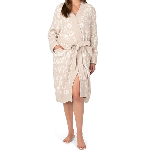 PAVILIA Premium Womens Plush Short Robe, Super Soft Fuzzy Bathrobe with Pockets for Women, L/XL, Beige Cheetah