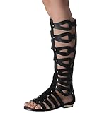 Hanfike Knee High Sandals for Women Gladiator Cut Out Summer Roman Boots M001 Black Flat US 9