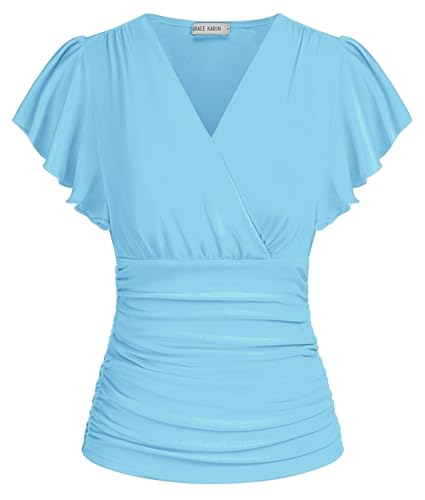 Business Casual Outfits for Women 2025 Sping Tops Ruffle Sleeve Dressy Work Top Summer Fashion Light Blue S