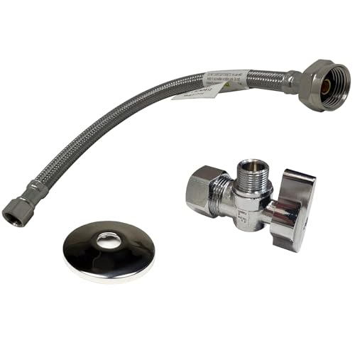 Complete Toilet Set Valve 1/2 in. NOM Inlet x 3/8 in. OD Compression Outlet Angle Shut Off + Escutcheon Plate + 12" Long Stainless Steel Braided Brass Nut Water Supply Line