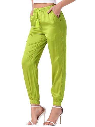 Allegra K Women's Drawstring Elastic Waist Athleisure Pants Casual Ankle Length Satin Joggers with Pocket X-Small Fluorescent Yellow