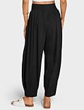 TARSE Womens Linen Palazzo Pants Summer Fall Boho High Waisted Cargo Baggy Loose Casual Harem Pants with Pockets, Black, M