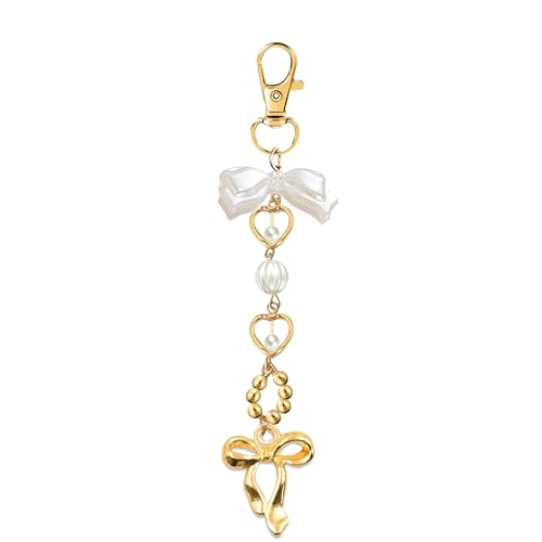 Agromusk Gold Bow Keychain Bag Charms for Women Heart Pearl Beaded Purse Charms Coquette Aesthetic Key Chain Jewelry Elegant Decor Accessories Pendant