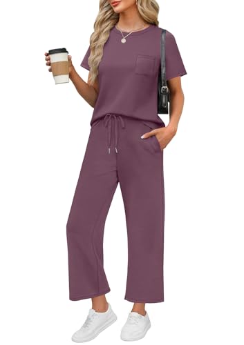 WIHOLL Beach Vacation Clothes for Women 2 Piece Travel Airport Outfits Fashion 2025 Comfy Summer Matching Sets Women Clothing Tropical Wide Leg Pants Lounge Sets Pjs Dark Purple L