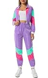 Yisfri Women's Vintage 80s 90s Style 2 Piece Outfit Long Sleeve Full Zip Windbreaker Tracksuits Themed Party Pants Set (Medium, Light Purple)