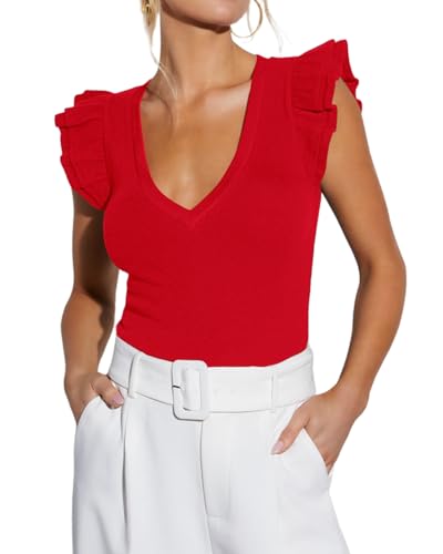 BONITEE Womens Summer Ruffle Short Sleeve Shirts Sexy Deep V Neck Slim Fitted Tops Casual Knit Tee Blouses 2025 Preppy Clothes Red,S