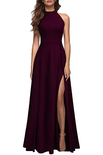 MUSHARE Women's Halter Neck Sexy Split Cocktail Party Maxi Long Formal Dress Burgundy