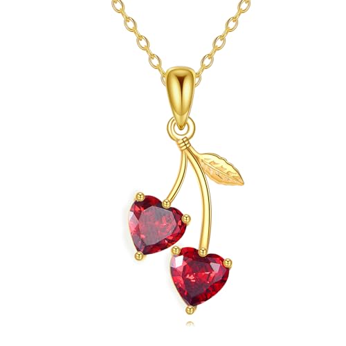 Vadmans Sterling Silver Gold Cherry Pendant with Cubic Zirconia - Cute Fruit Jewelry Gift for Women