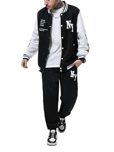 SOLY HUX Men's Tracksuit 2 Piece Outfits Color Block Letter Graphic Long Sleeve Varsity Jacket and Pants Set Black and White Letter Large