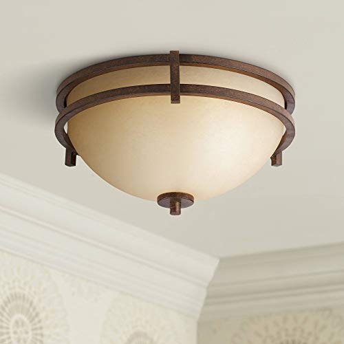 Franklin Iron Works Oak Valley Collection Mission Ceiling Light Flush Mount Fixture Rustic Bronze 15" Wide Cream Scavo Glass Bowl for Bedroom Kitchen Living Room Hallway Bathroom