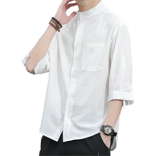 BoShiNuo Summer Three-Quarter Sleeve Cotton and Linen Stand Collar Shirt Men's Japanese Loose Half-Sleeve Korean Style Casual White M