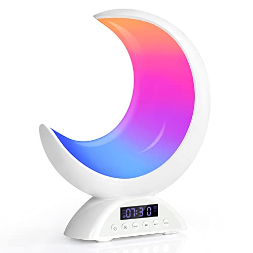 Touch Moon Table Lamp with Time Alarm Clock, RGB Adjustable Light with Bluetooth, with Scene Mode and Music Mode, Warm White LED Moon Light, Suitable for Home Decoration, Bedroom Living Room Desk.