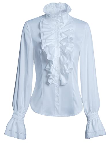 VANGARSUN Women Victorian Gothic Ruffled Lotus High Neck Lace Lantern Long Sleeve Top Blouse Shirt(White,S)