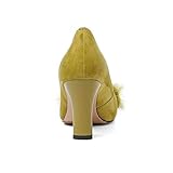 Fashion Heel Suede Leather Women's Square Toe Chunky Heels Vintage Floral Handmade Dress Pump Shoes with Fur Pearl (Yellow, US9)